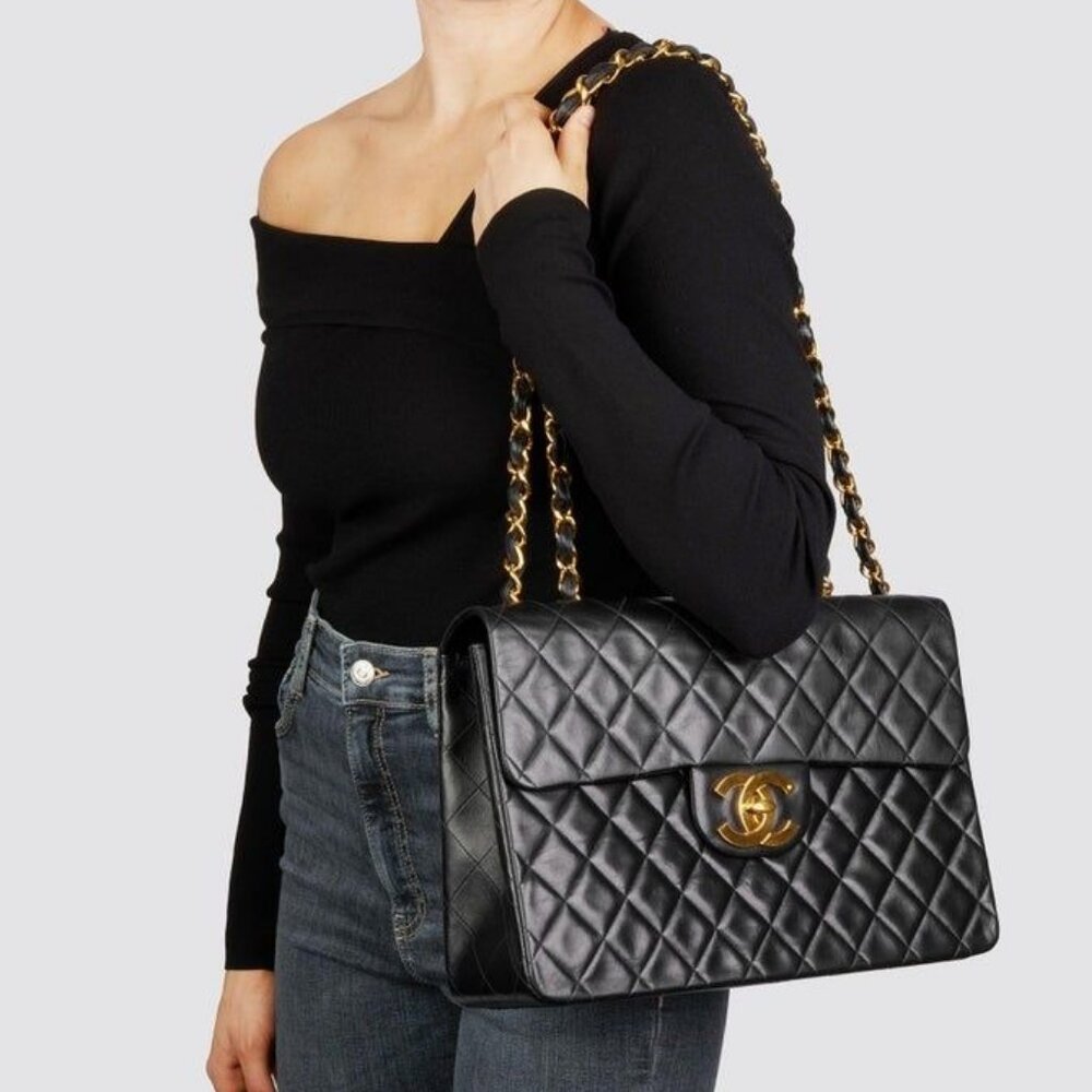 Authentic CHANEL Jumbo Maxi XL 24K Gold Flap Bag Lambskin Chain Shoulder Black - Picture 3 of 11
